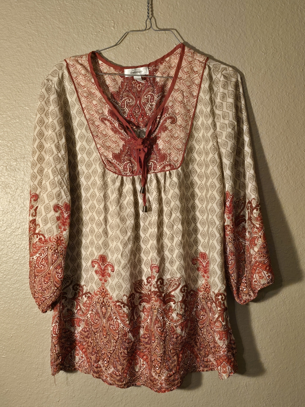 dressbarn Cream Tunic with Rust Orange-Red Paisley Border #837
